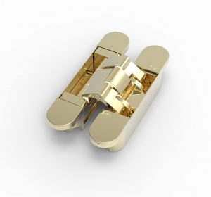 The red dot design winning argenta® invisible polished brass concealed hinge shown here M6 smallest size.