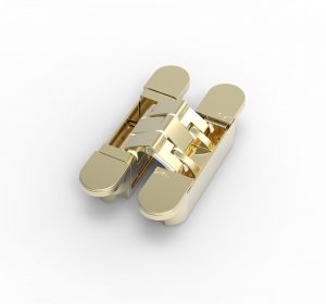 The red dot design winning argenta® invisible polished brass concealed hinge shown here S5 smallest size.