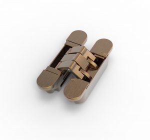 The red dot design winning argenta® invisible classic bronze concealed hinge shown here S5 smallest size.