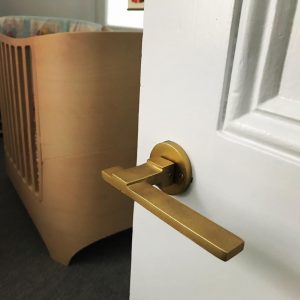 Ville solid brass lever handle by Jolie in Ancient Gold finish